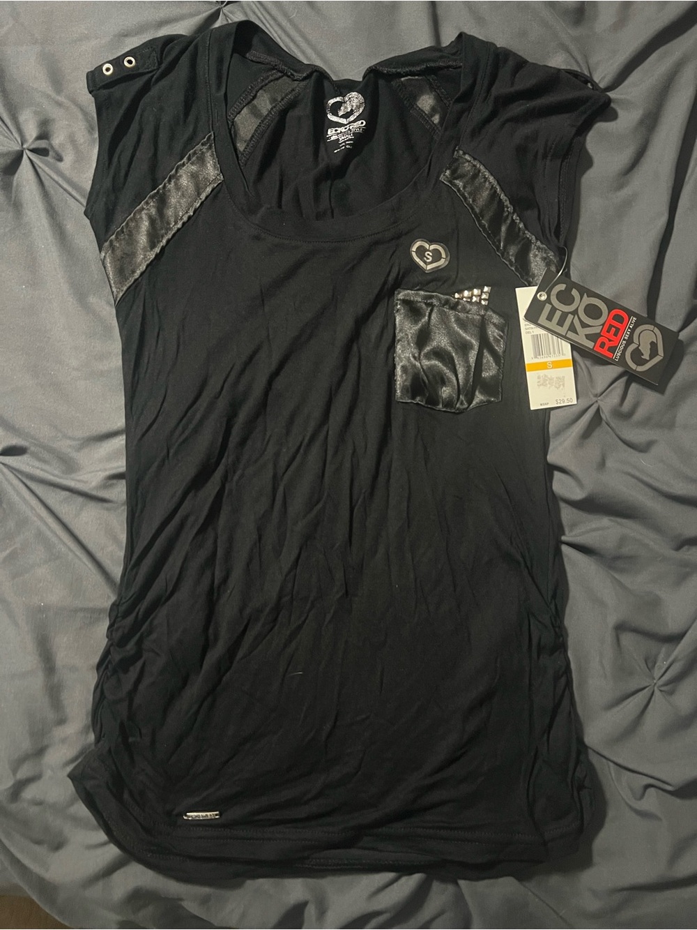Ecko Unlimited Black Short Sleeve Tee with Satin Pocket & Stud Detail